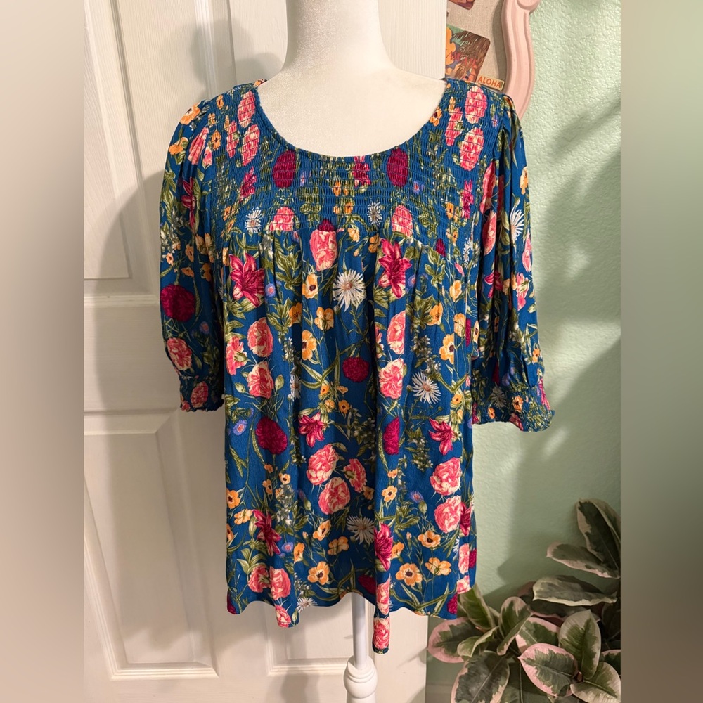 Sky Blue Floral Smocked Peasant Tunic